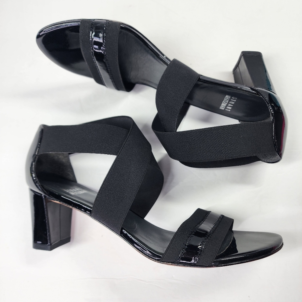 STUART WEITZMAN Midexter Elastic Black Patent Leather High Heel Sandals 7.5m - Picture 6 of 12